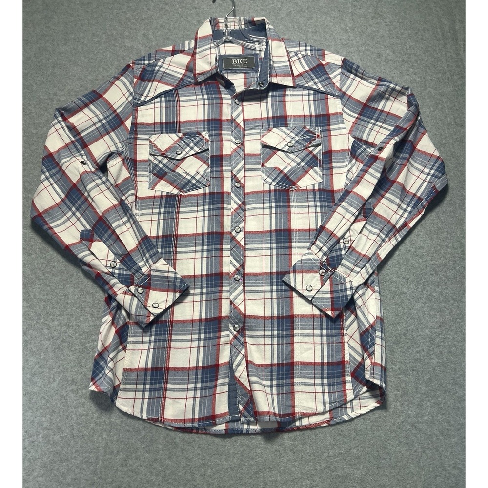 BKE Buckle Shirt Snap Button Size M Blue White Plaid‎ Western Long Sleeve